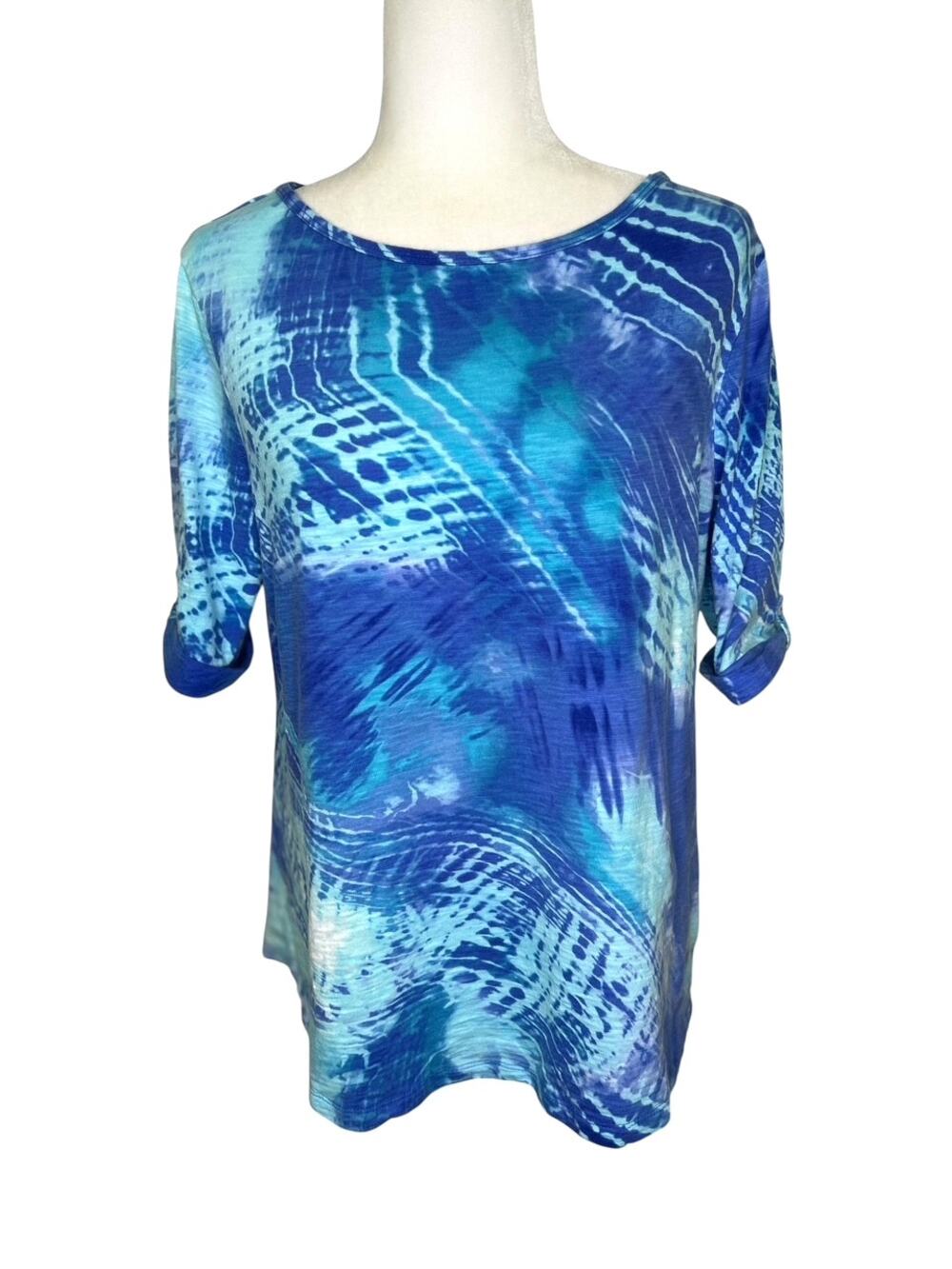 Chico's Blue Turquoise Tie-Dye Folded Sleeve Slub Knit Textured Top Size 2 / LG